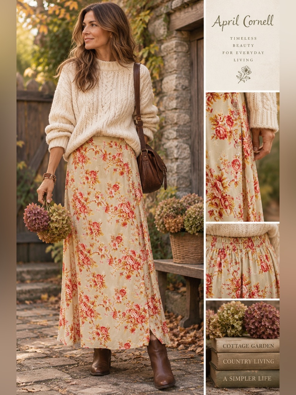 April Cornell Floral Maxi Skirt Small Cottagecore Side Button Elastic Waist